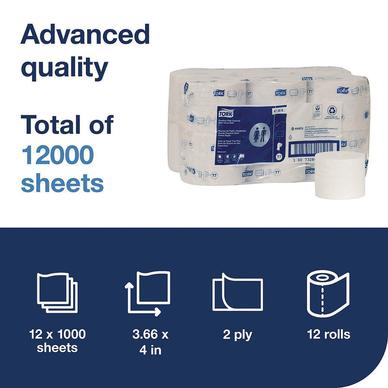 Tork Advanced High Capacity Recycled Coreless Toilet Paper, 2-Ply, White, 1000 Sheets/Roll, 12 Rolls/Carton (472881)