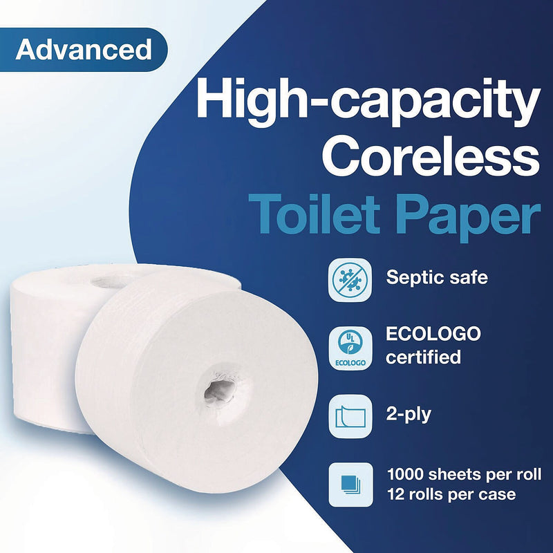 Tork Advanced High Capacity Recycled Coreless Toilet Paper, 2-Ply, White, 1000 Sheets/Roll, 12 Rolls/Carton (472881)