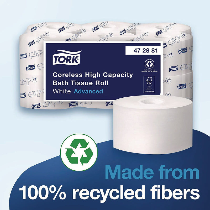 Tork Advanced High Capacity Recycled Coreless Toilet Paper, 2-Ply, White, 1000 Sheets/Roll, 12 Rolls/Carton (472881)