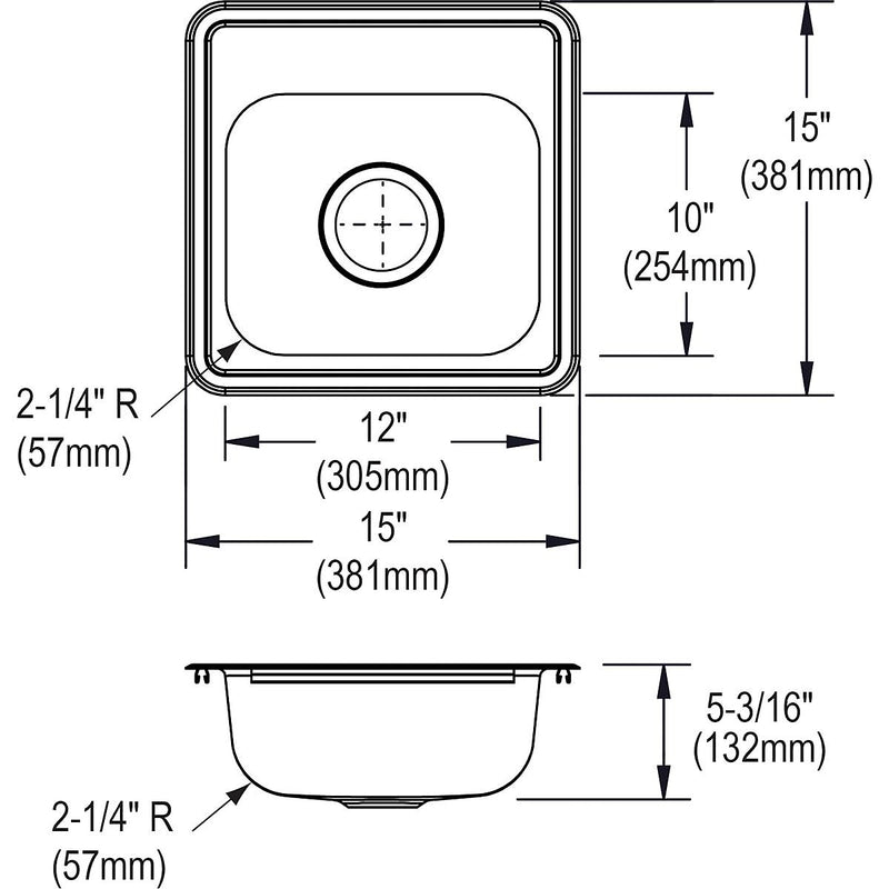 Elkay Dayton Stainless Steel 15" x 15" x 5-3/16", Single Bowl Top Mount Bar Sink, Satin (D115161)