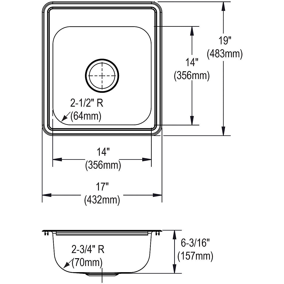 Elkay Dayton Stainless Steel 17" x 19" x 6-1/8", Single Bowl Top Mount Bar Sink, Satin (D117193)