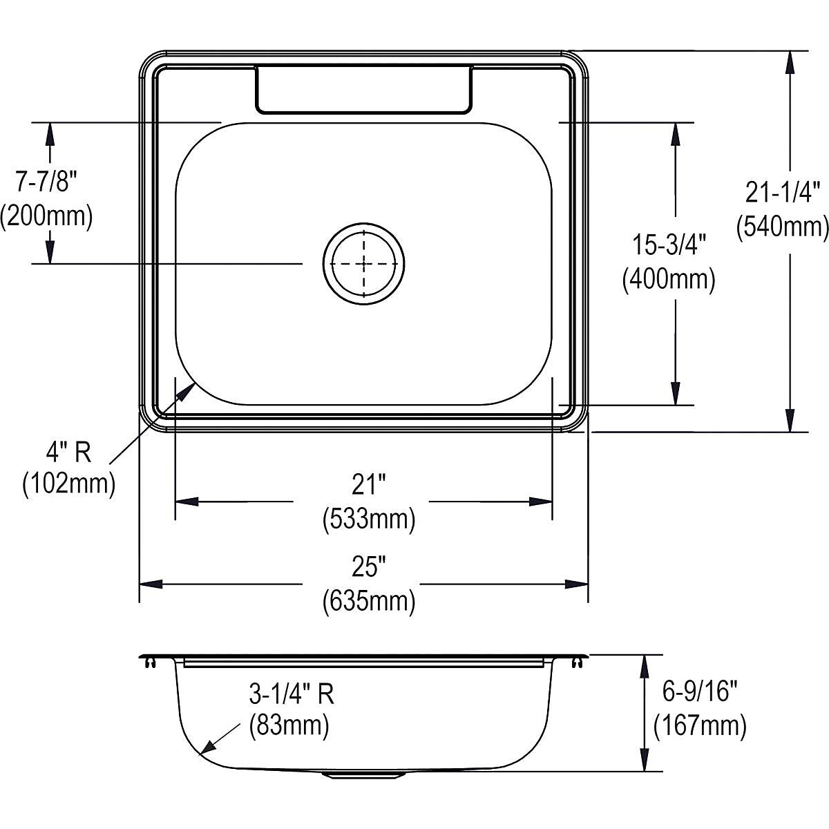 Elkay Dayton Stainless Steel 25" x 21-1/4" x 6-9/16", Single Bowl Top Mount Sink, Satin (D125213)