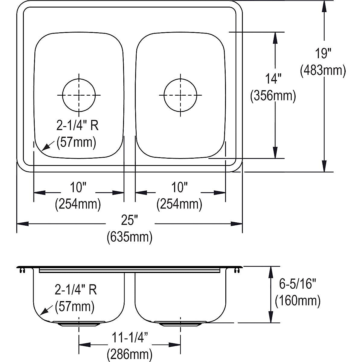 Elkay Dayton Stainless Steel 25" x 19" x 6-5/16", Equal Double Bowl Top Mount Sink (D225193)