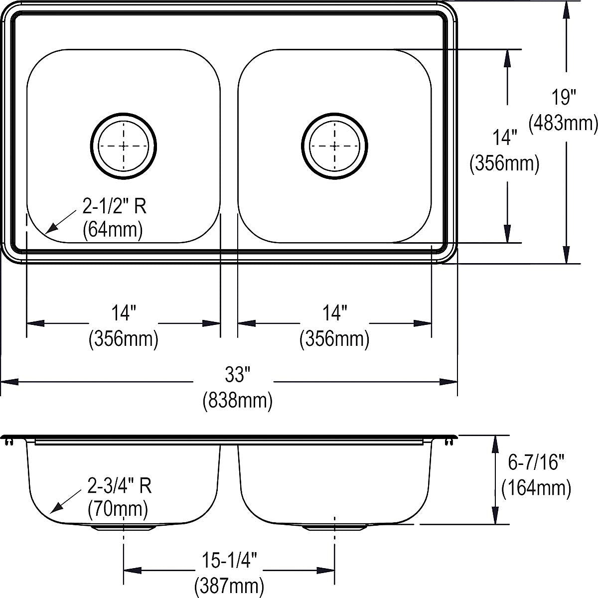 Elkay Dayton Stainless Steel 33" x 19" x 6-7/16", Equal Double Bowl Top Mount Sink (D233194)