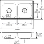 Elkay Dayton Stainless Steel 33" x 19" x 6-7/16", Equal Double Bowl Top Mount Sink (D233194)
