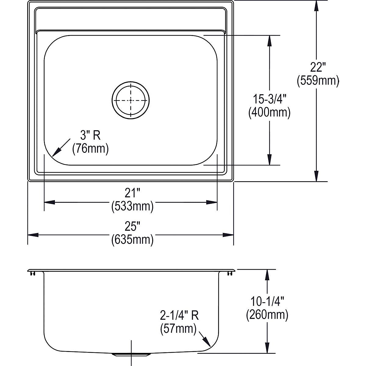Elkay Dayton Stainless Steel 25" x 22" x 10-1/4", Single Bowl Top Mount Sink (DPC12522104)
