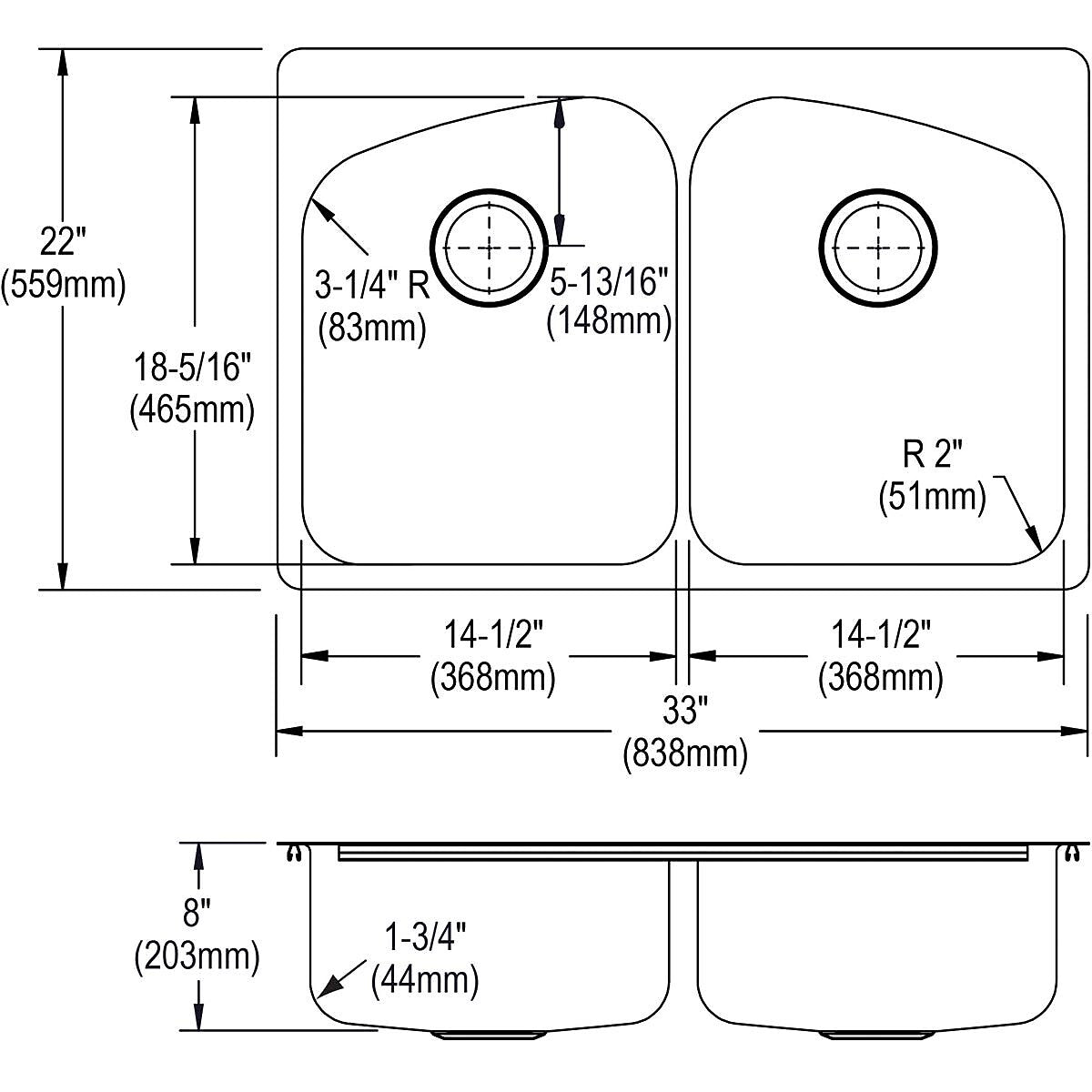 Elkay Dayton Stainless Steel 33" x 22" x 8", Equal Double Bowl Dual Mount Sink (DPXSR233222R)