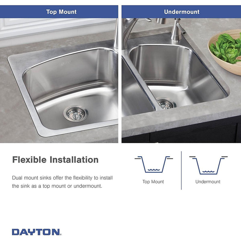 Elkay Dayton Stainless Steel 33" x 22" x 8", Equal Double Bowl Dual Mount Sink (DPXSR233222R)
