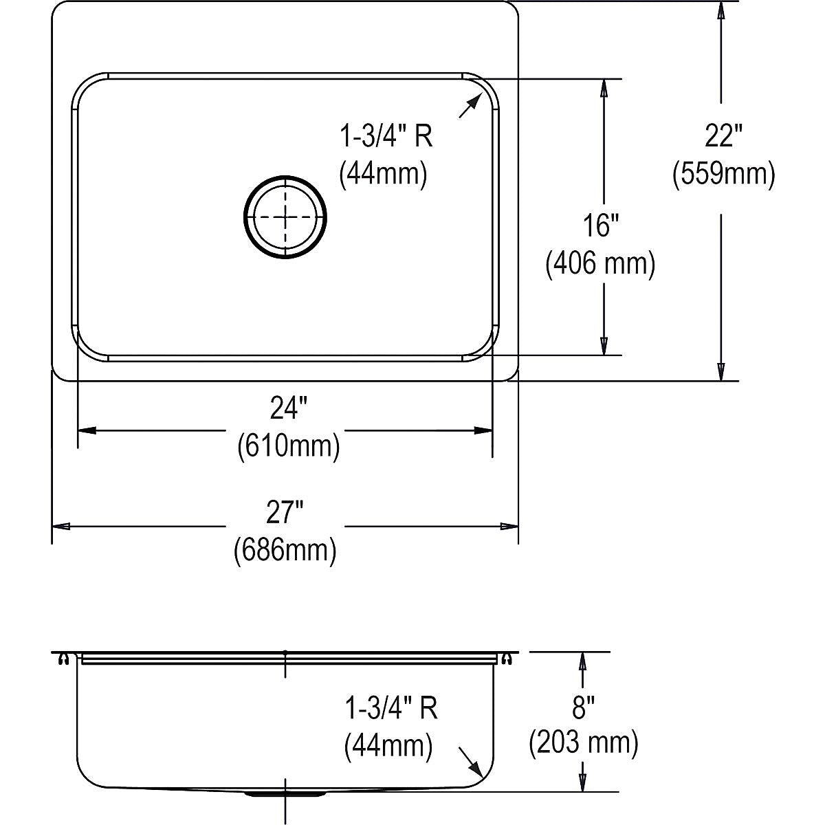 Elkay Dayton Stainless Steel 27" x 22" x 8", Single Bowl Dual Mount Sink (DSESR127224)
