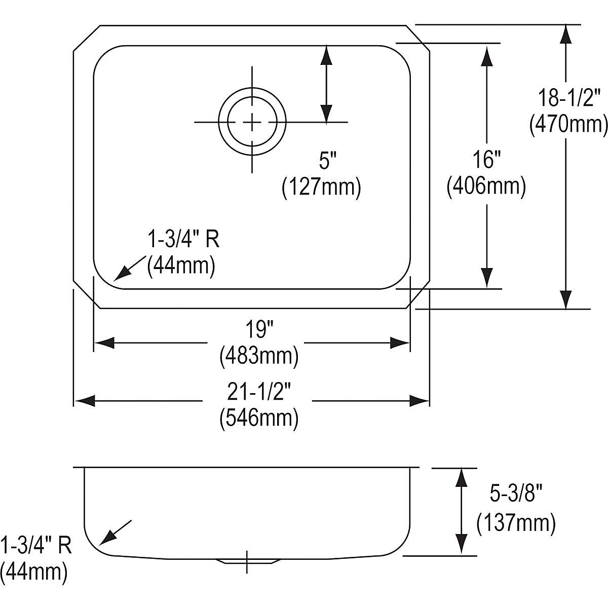 Elkay Lustertone Stainless Steel 21-1/2" x 18-1/2" x 5-3/8", Single Bowl Undermount ADA Sink (ELUHAD191655)
