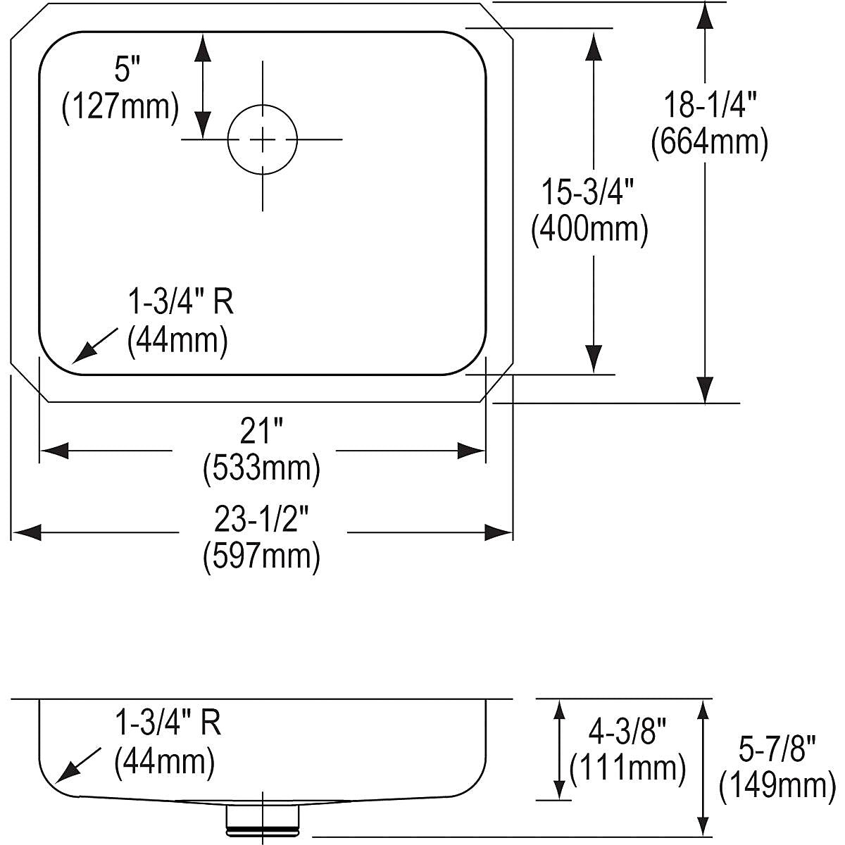 Elkay Lustertone Stainless Steel 23-1/2" x 18-1/4" x 4-3/8", Single Bowl Undermount ADA Sink with Perfect Drain (ELUHAD211545PD)