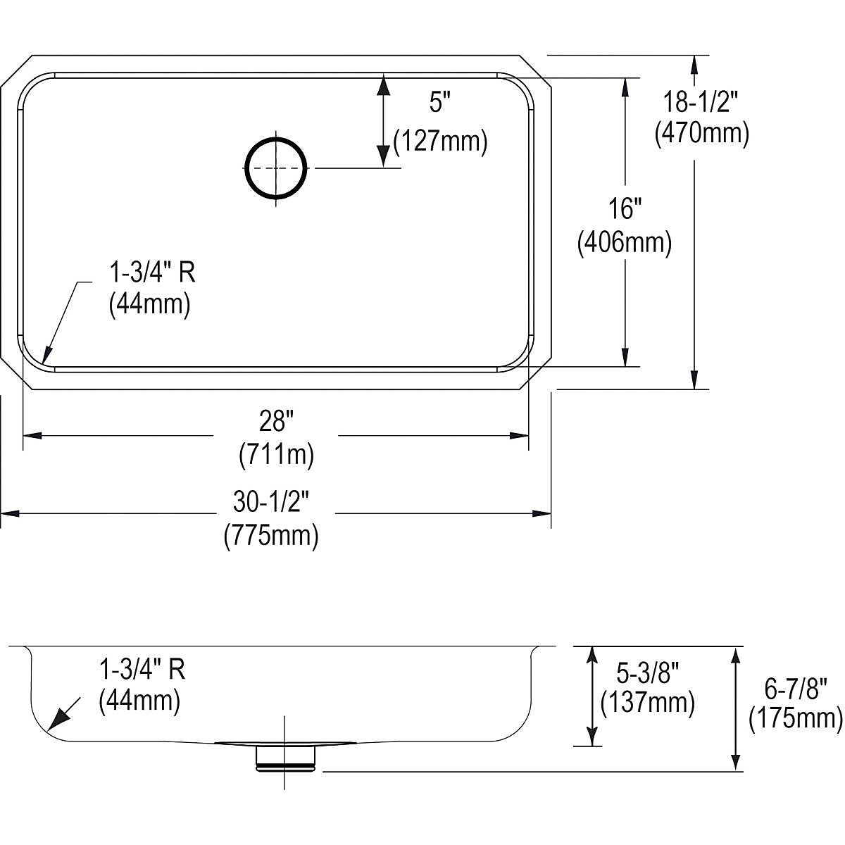 Elkay Lustertone Stainless Steel 30-1/2" x 18-1/2" x 5-3/8", Single Bowl Undermount ADA Sink with Perfect Drain (ELUHAD281655PD)