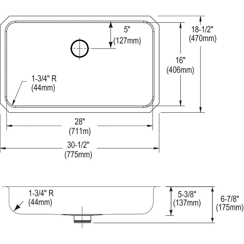 Elkay Lustertone Stainless Steel 30-1/2" x 18-1/2" x 5-3/8", Single Bowl Undermount ADA Sink with Perfect Drain (ELUHAD281655PD)