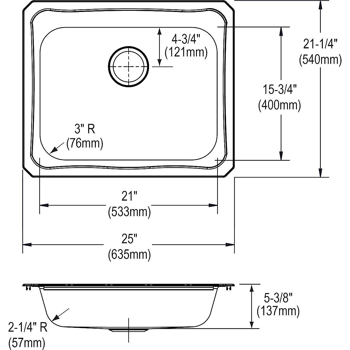 Elkay Celebrity Stainless Steel 25" x 21-1/4" x 5-3/8", Single Bowl Top Mount Sink (GECR25213)