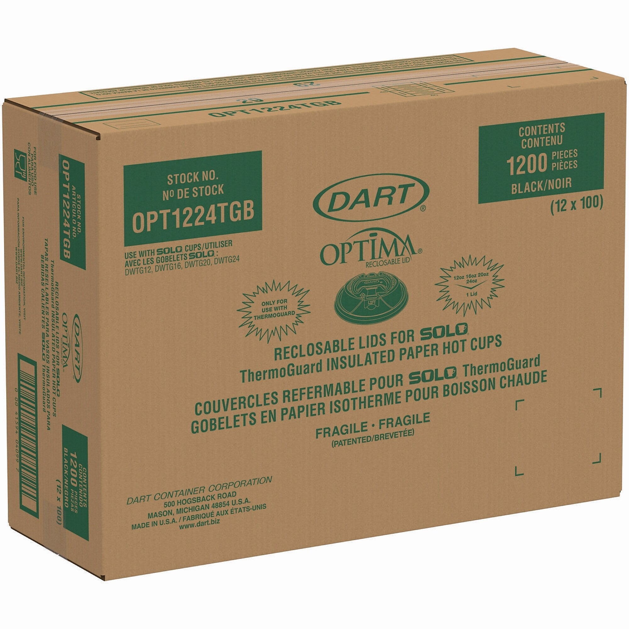 Dart Optima Reclosable Polystyrene Hot Cup Lid, Fits 12 oz. to 24 oz. Cup, Black, 1,200/Carton (OPT1224TGB)