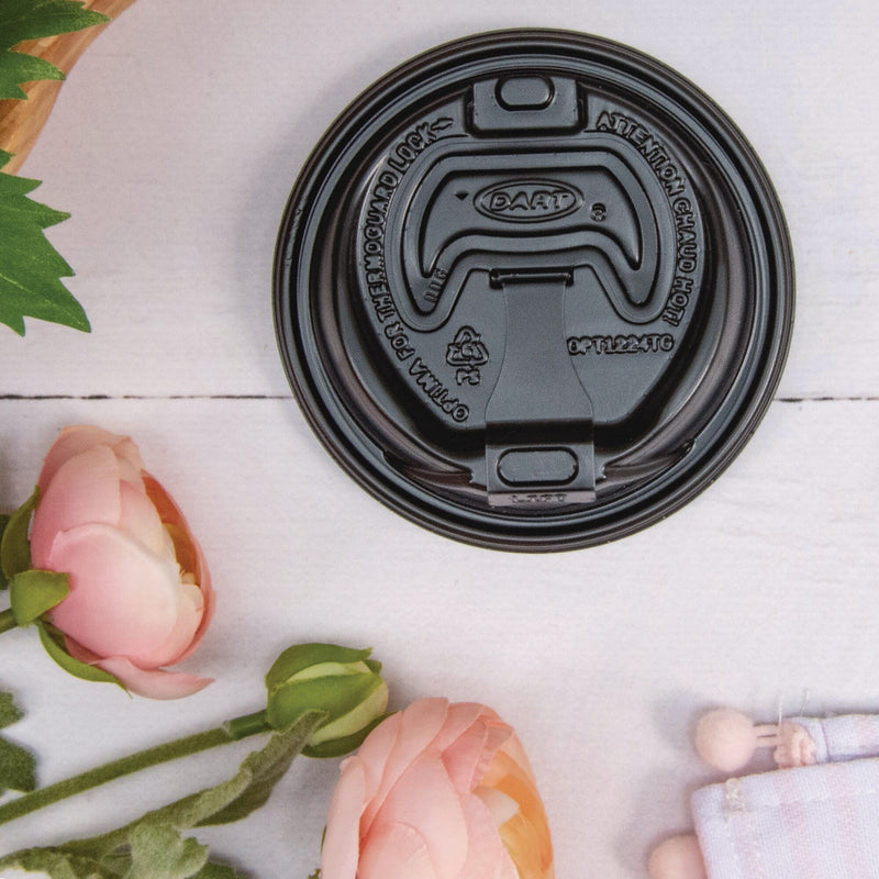 Dart Optima Reclosable Polystyrene Hot Cup Lid, Fits 12 oz. to 24 oz. Cup, Black, 1,200/Carton (OPT1224TGB)