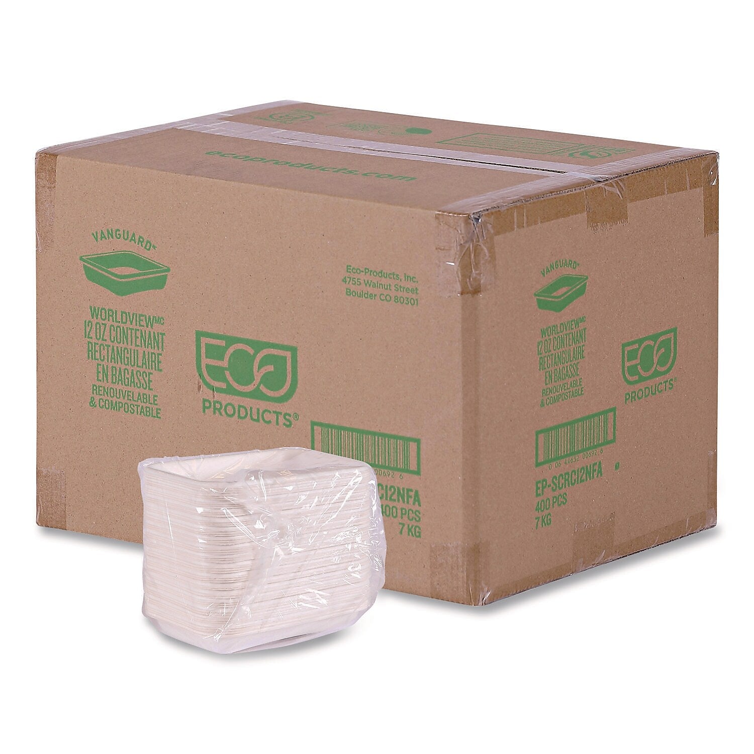 Eco-Products WorldView Vanguard Sugarcane Fiber Container, White, 400/Carton (EP-SCRC12NFA)