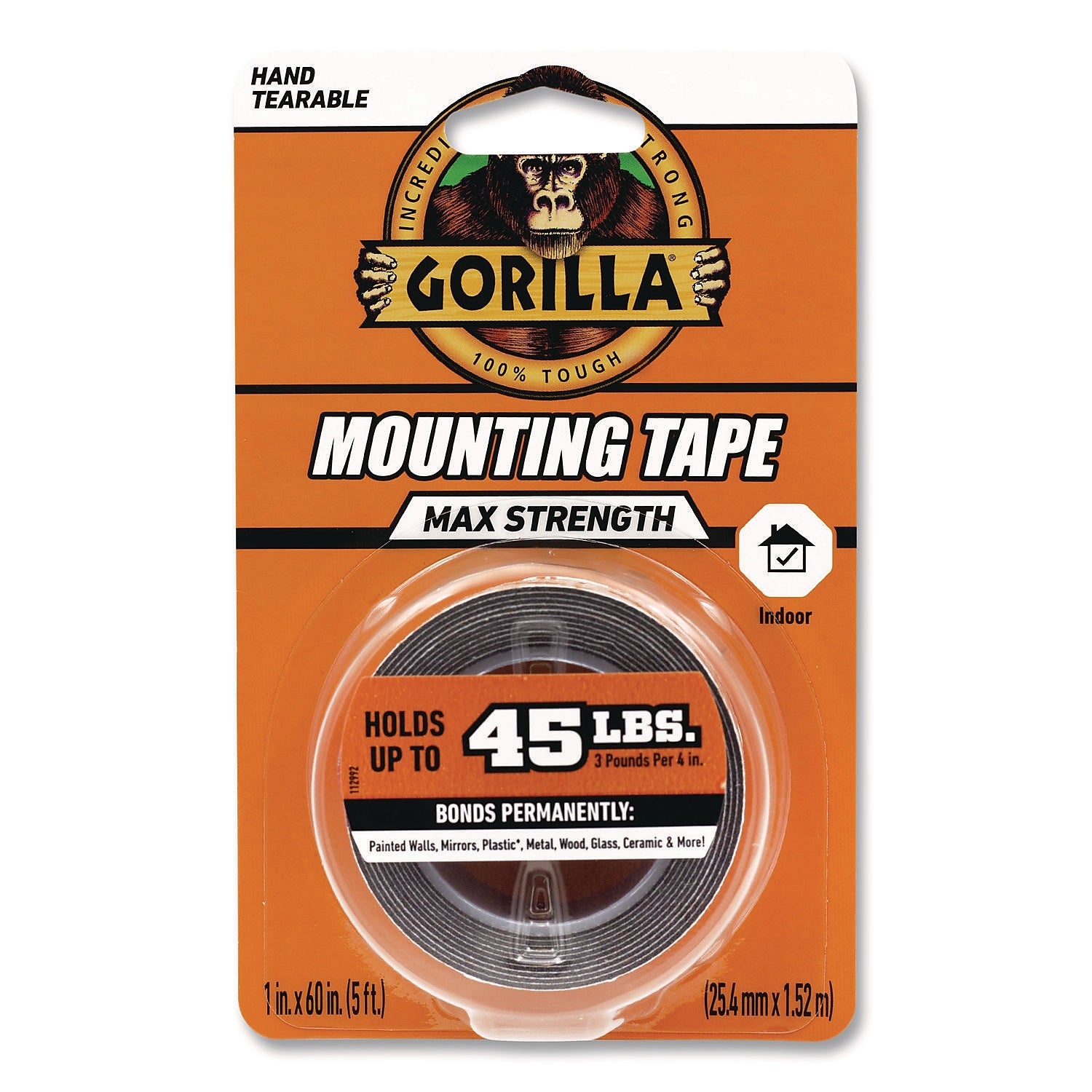 Gorilla Max Strength Indoor Mounting Tape, 1" x  1.67 yds., Black (112962)