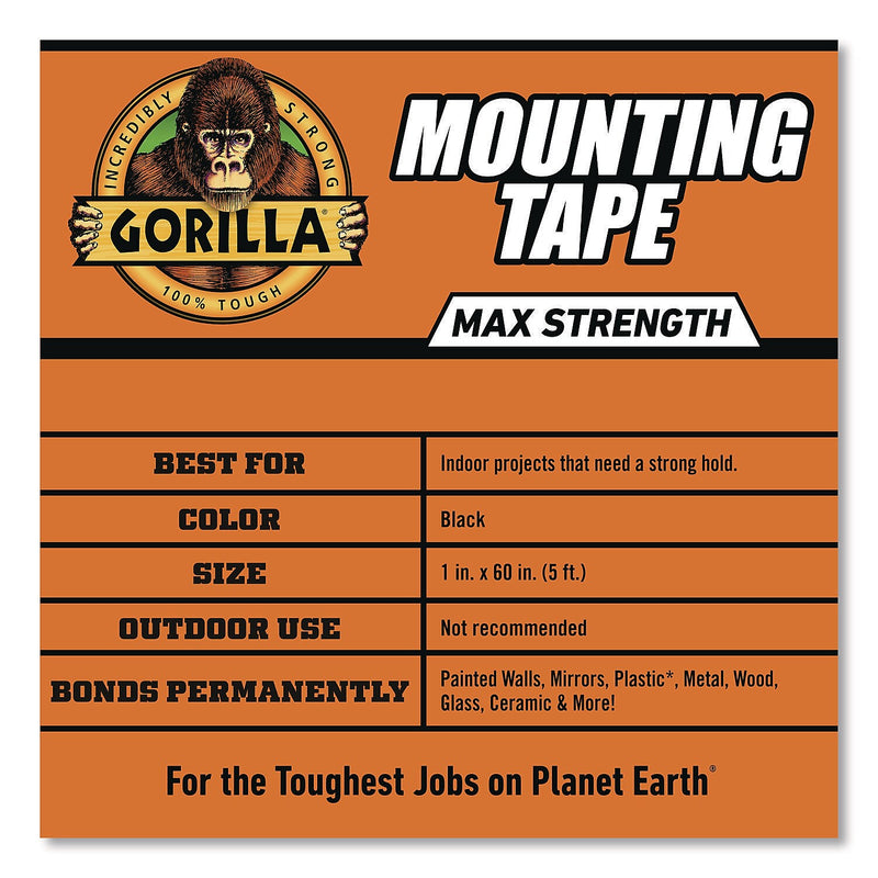Gorilla Max Strength Indoor Mounting Tape, 1" x  1.67 yds., Black (112962)