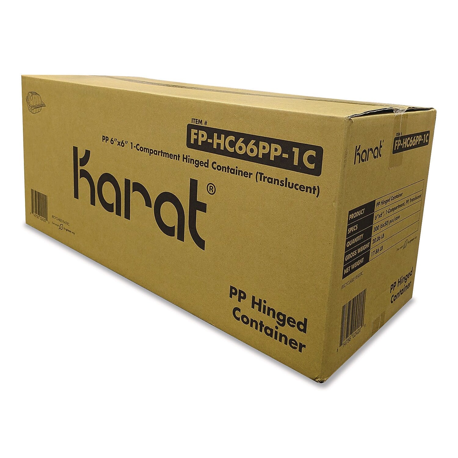 Karat Polypropylene Plastic Hinged Container, Clear, 50/Pack, 6 Packs/Carton (FP-HC66PP-1C)