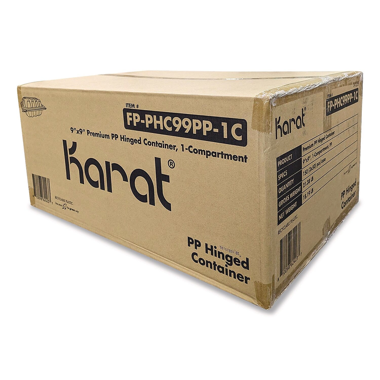 Karat Polypropylene Plastic Hinged Container, Black/Clear, 50/Pack, 3 Packs/Carton (FP-PHC99PP-1C)