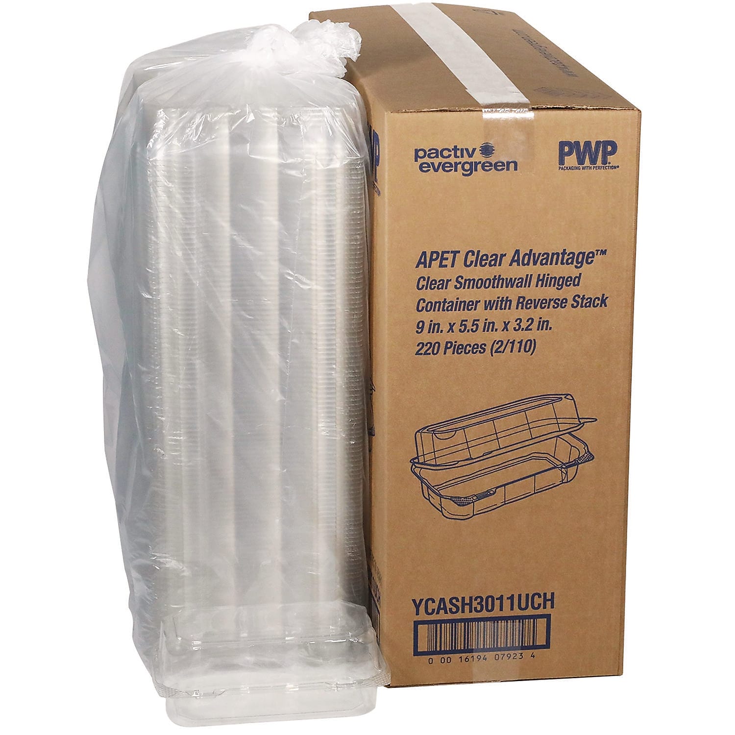 Pactiv Evergreen Plastic Hoagie Hinged Lid Container, Clear, 220/Carton (YCASH3011UCH)