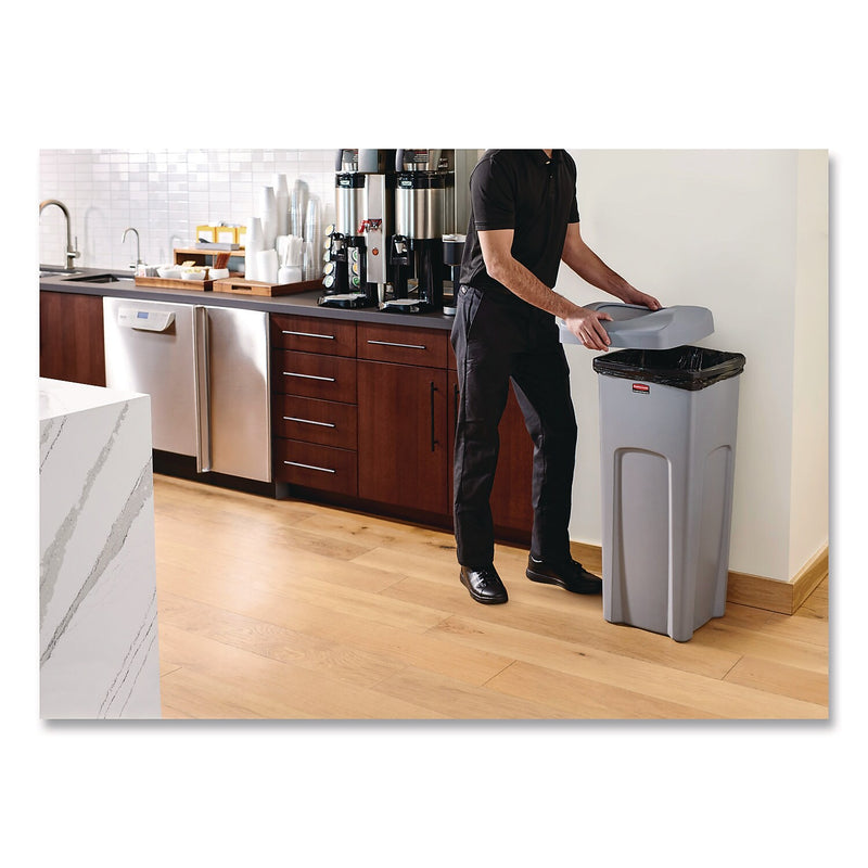 Rubbermaid Commercial Plastic Universal Square Trash Can with Swing Lid, 23 Gallon, Gray (2143862)