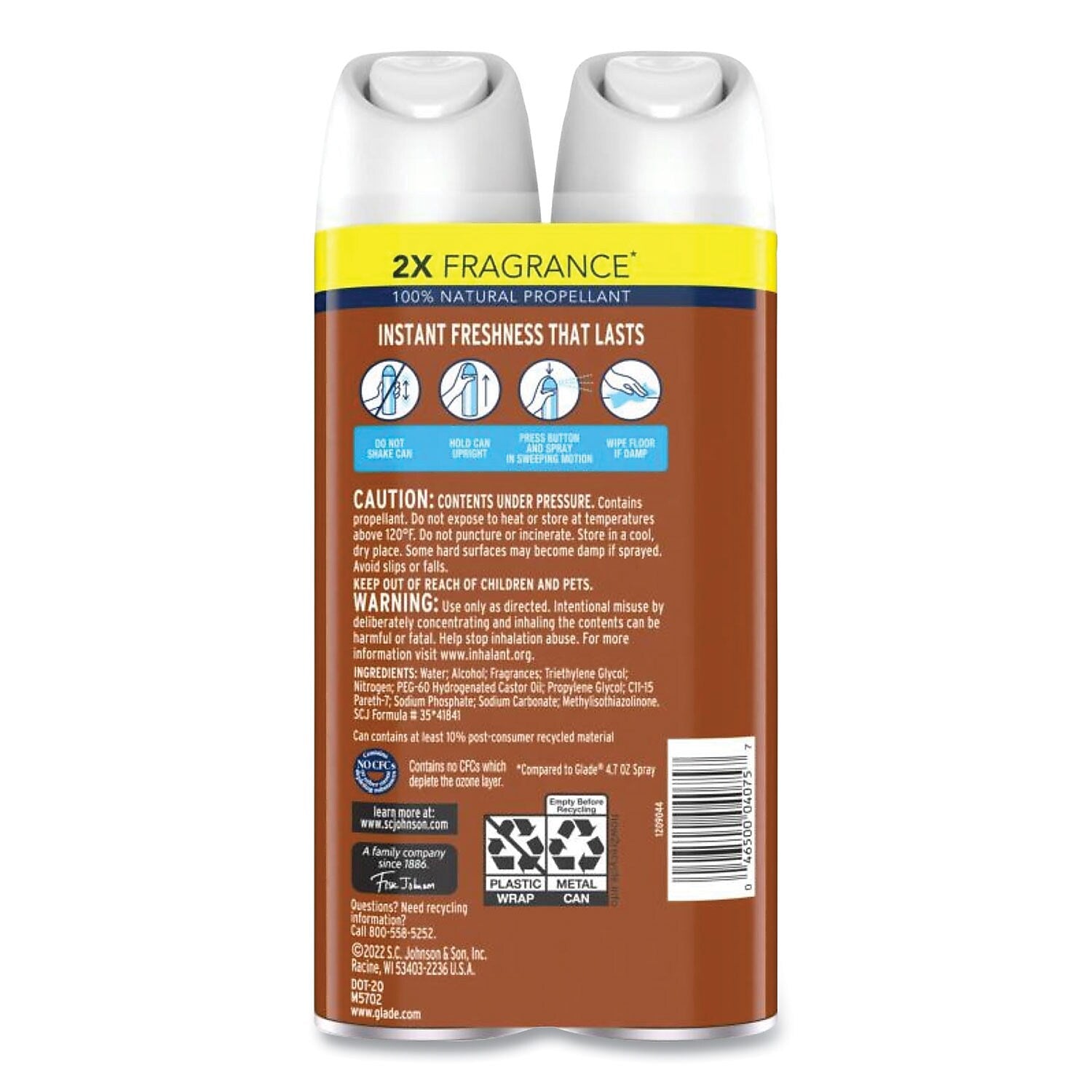 Glade Air Freshener Aerosol, Cashmere Woods Scent, 8.3 oz., 2/Pack, 3 Packs/Carton (SJN377361)
