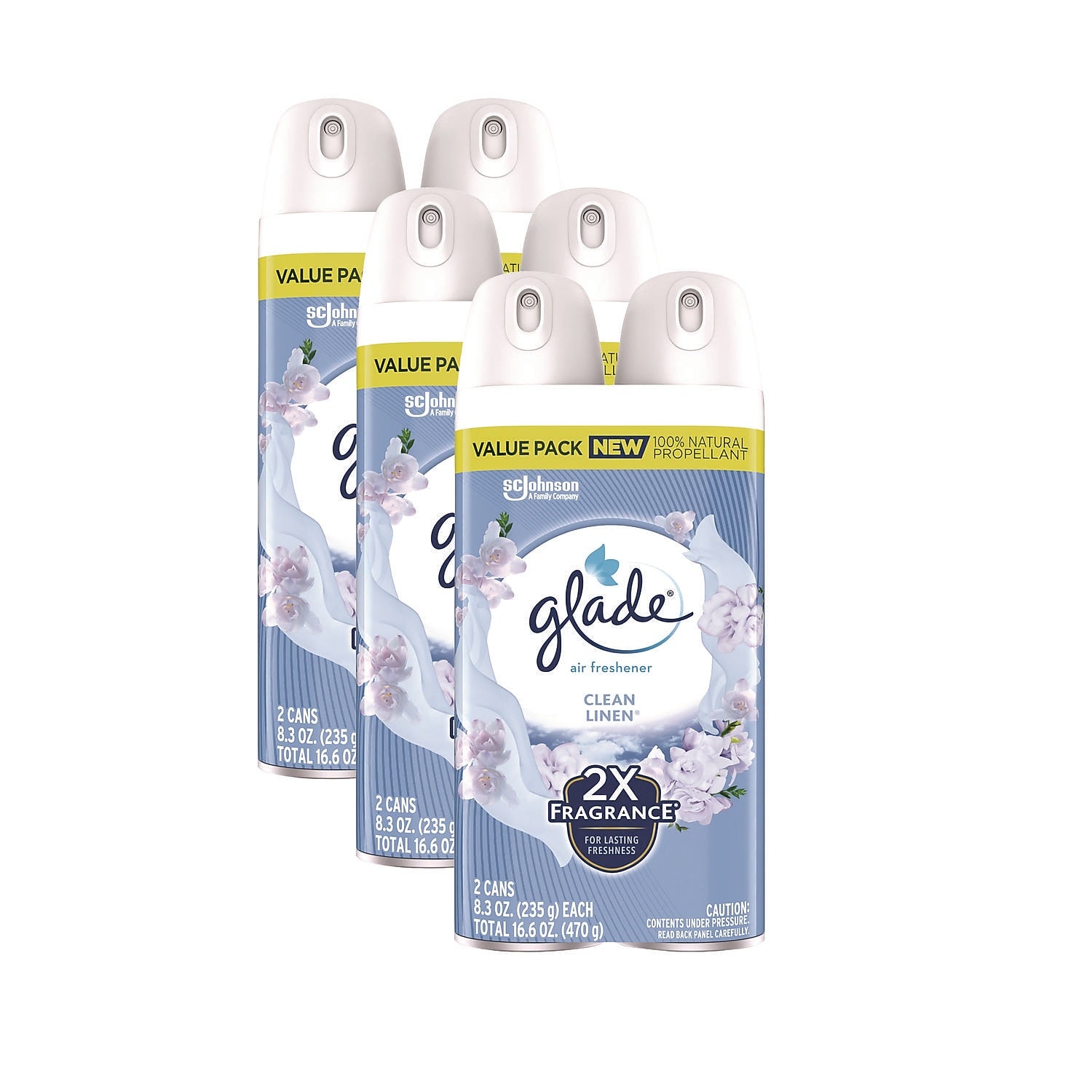 Glade Air Freshener Aerosol, Clean Linen Scent, 8.3 oz., 2/Pack, 3 Packs/Carton (SJN377363)