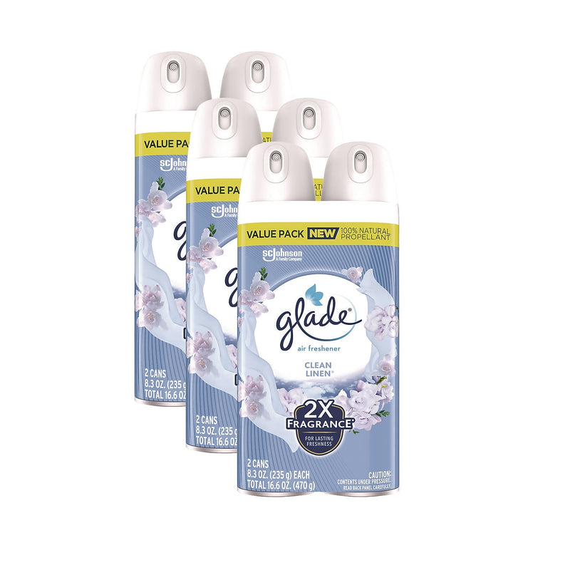 Glade Air Freshener Aerosol, Clean Linen Scent, 8.3 oz., 2/Pack, 3 Packs/Carton (SJN377363)