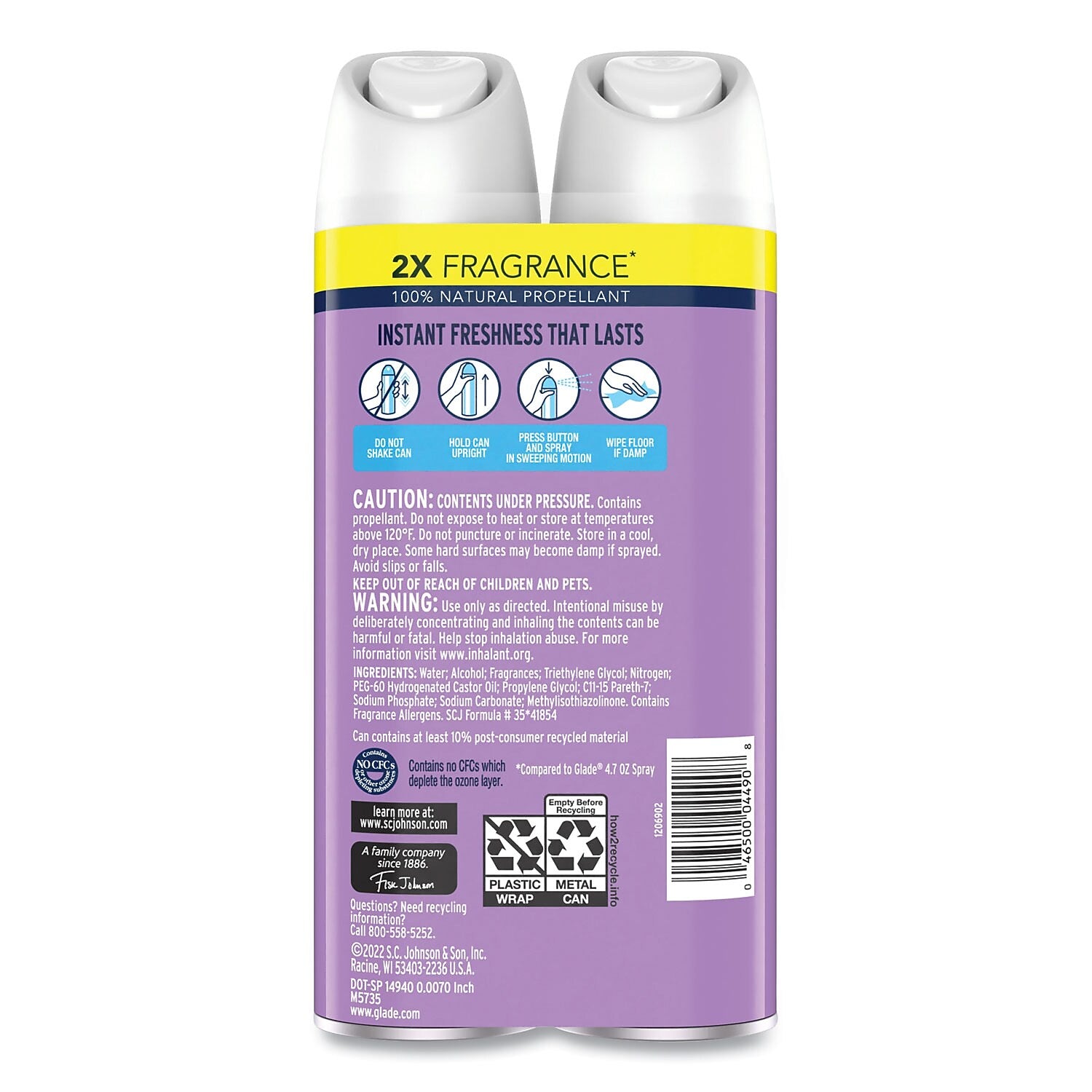 Glade Air Freshener Aerosol, Lavender and Vanilla Scent, 8.3 oz., 2/Pack, 3 Packs/Carton (SJN377371)
