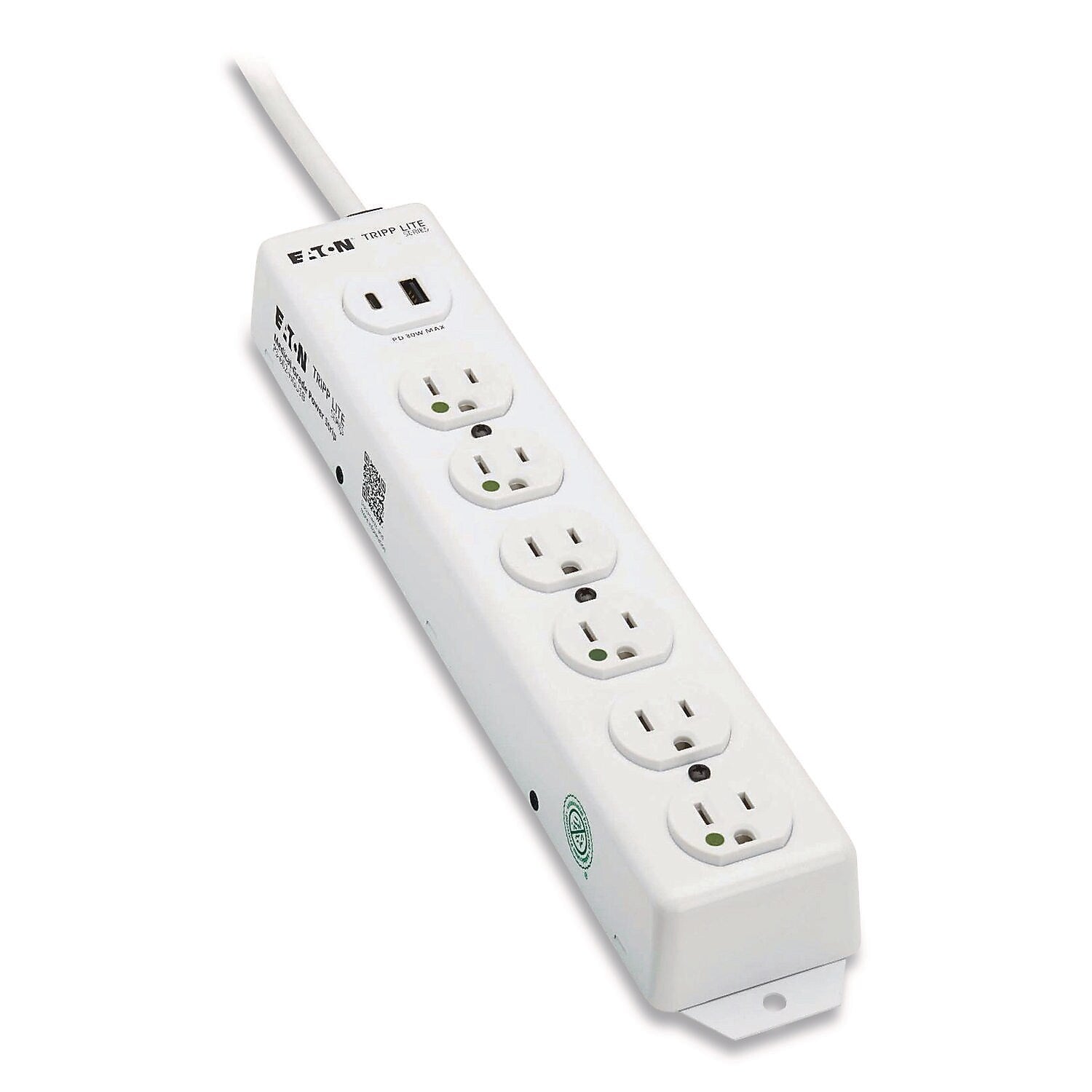 Tripp Lite by Eaton Safe-IT 6-Outlet Medical-Grade Power Strip, 2 ft., White (PS602HGUSB)