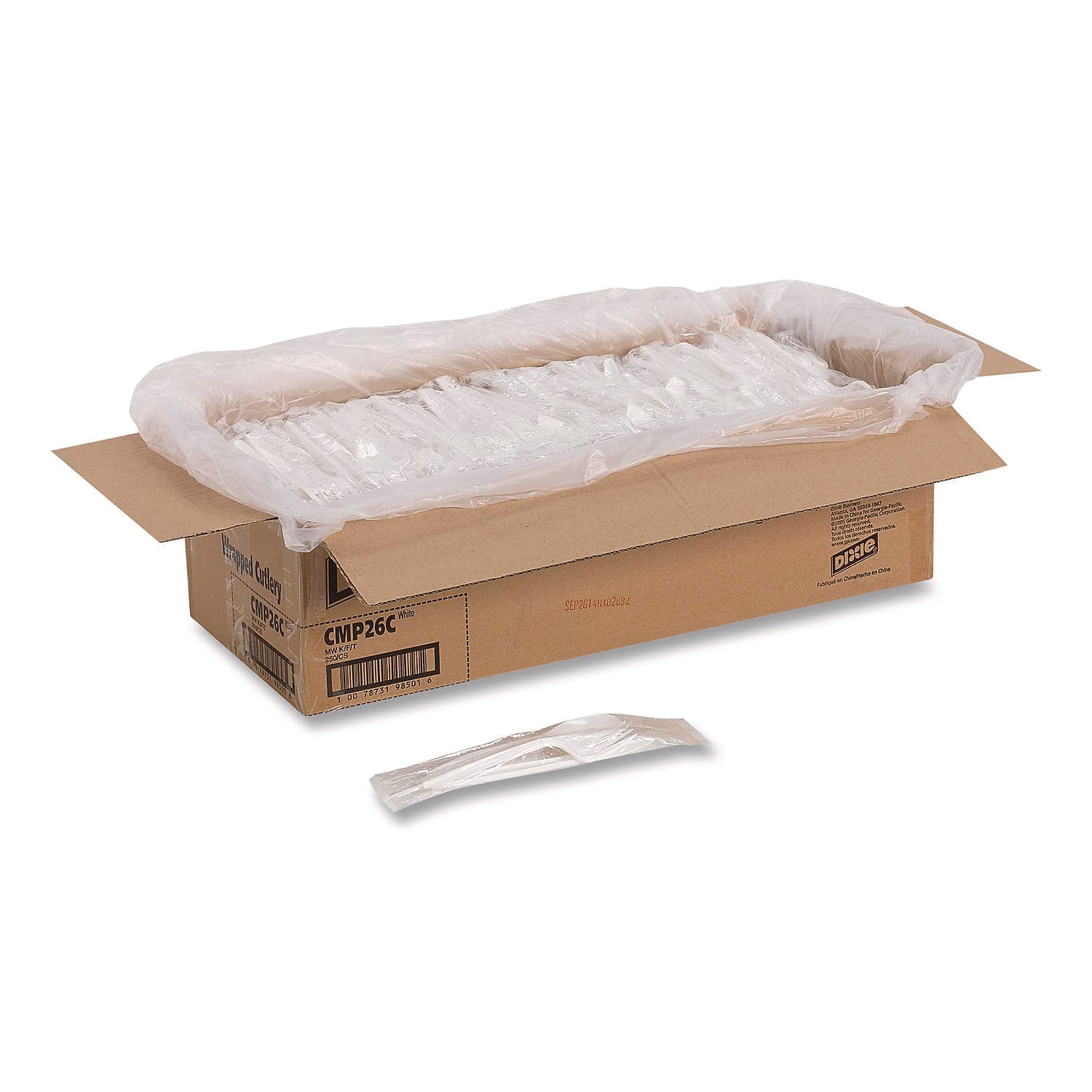 Dixie Individually Wrapped Polypropylene Fork/Knife/Teaspoon Set, Medium-Weight, White, 250 Sets/Carton (CMP26C)