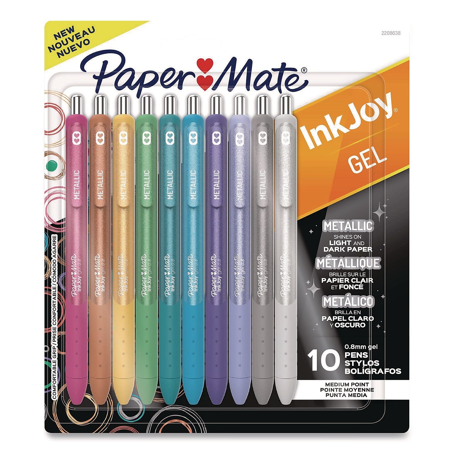 Paper Mate InkJoy Metallic Retractable Gel Pen, Medium Point, 0.8mm, Assorted Colors, 10/Pack (2208638)