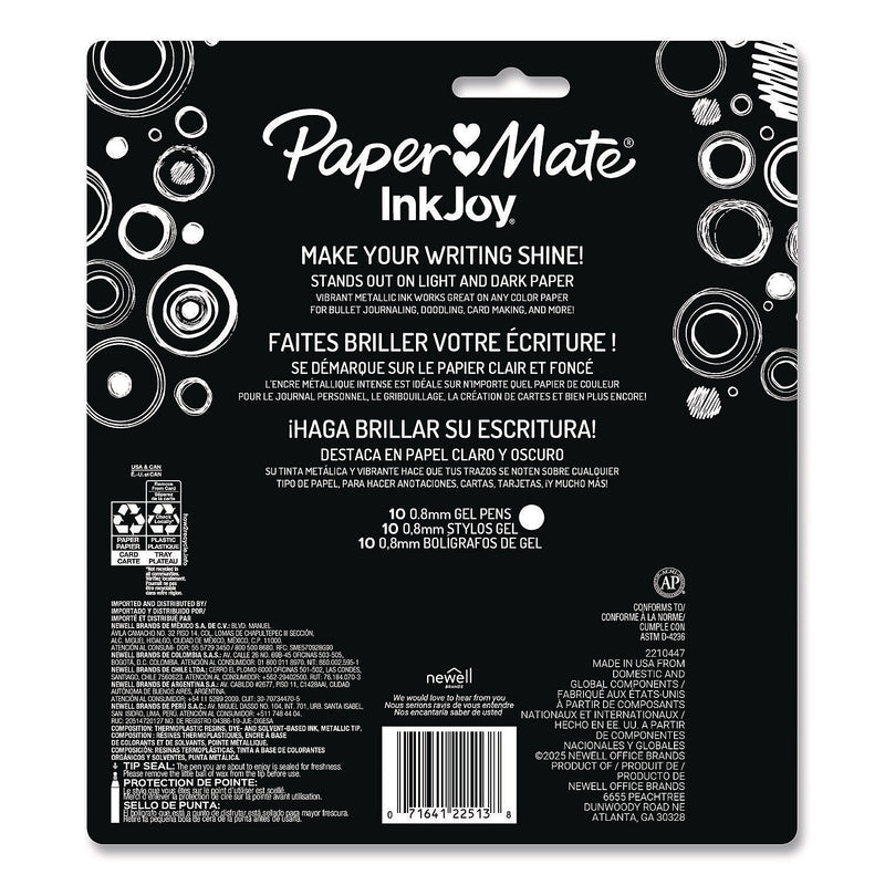 Paper Mate InkJoy Metallic Retractable Gel Pen, Medium Point, 0.8mm, Assorted Colors, 10/Pack (2208638)