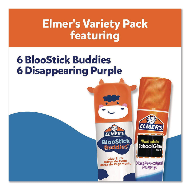 Elmer's BlooStick Buddies and Disappearing Purple Washable Removable Glue Stick Combo Pack, 0.21 oz., Clear, 12/Pack (2213736)
