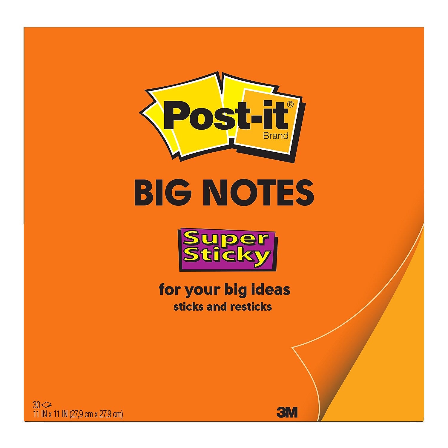 Post-it Big Notes Super Sticky Notes, 11" x 11", Orange, 30 Sheets/Pad (BN11O)