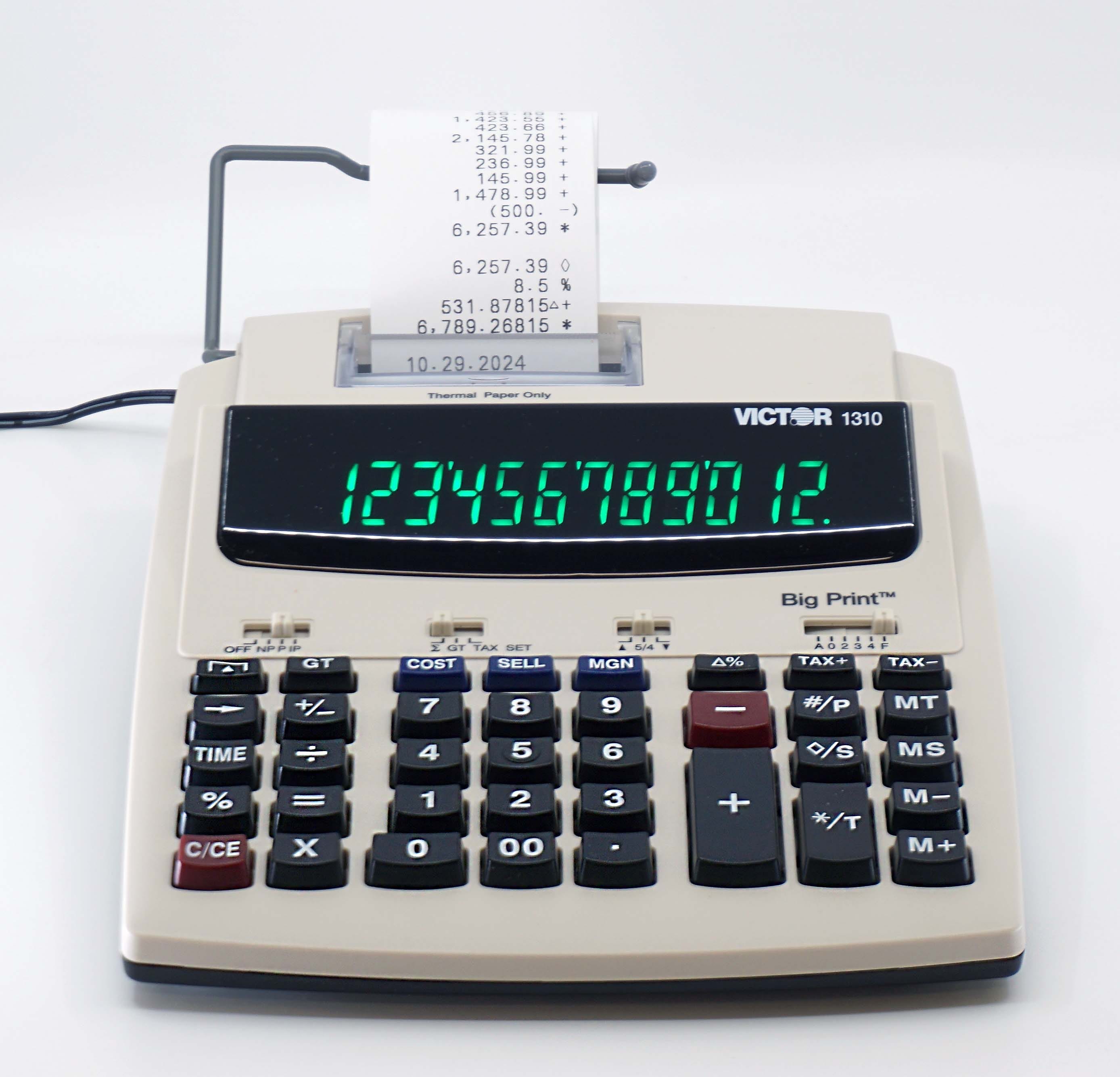 Victor Big Print (1310) 12-Digit Thermal Printing, Desktop Calculator, White/Black