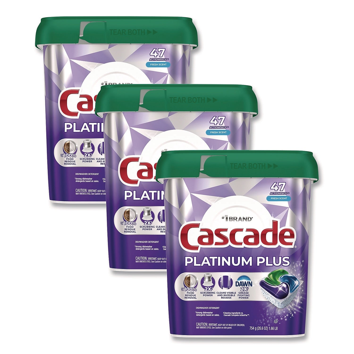 Cascade Platinum Plus ActionPacs Dishwashing Detergent Pacs, Fresh Scent, 47 Pacs/Tub, 3 Tubs/Carton (80798635)