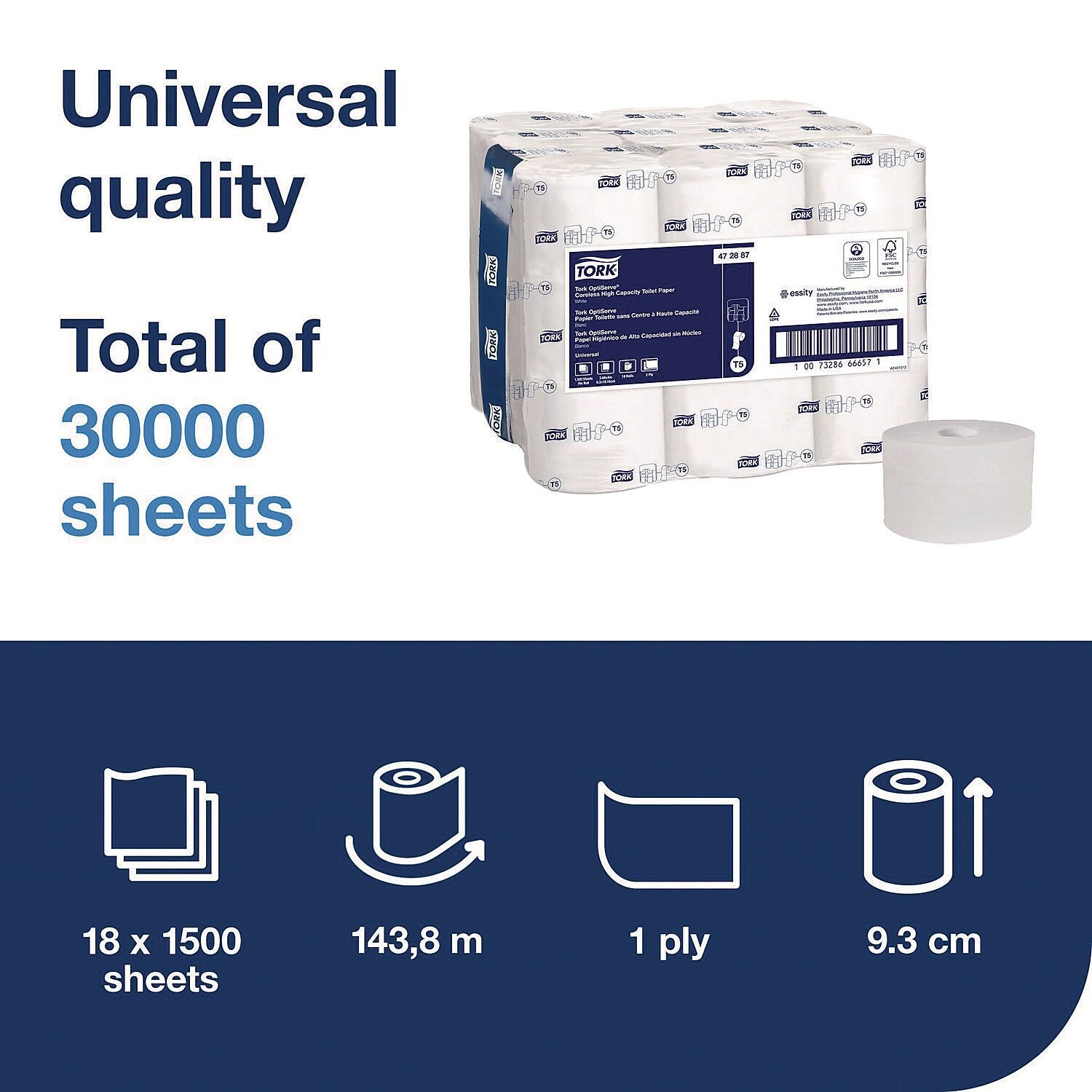 Tork OptiServe Coreless Toilet Paper, 2-Ply, White, 1500 Sheets/Roll, 18 Rolls/Case (472887)