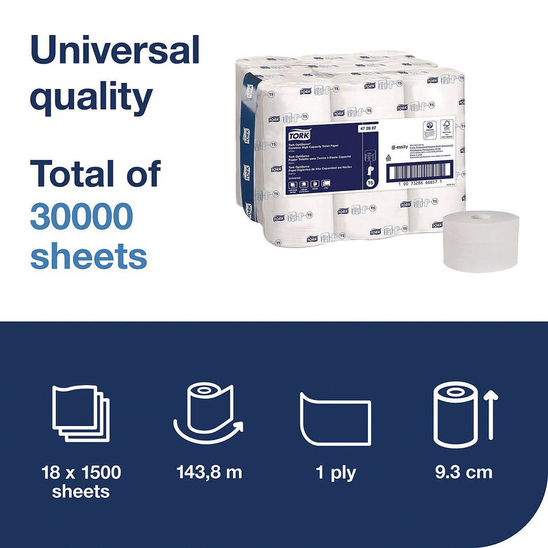 Tork OptiServe Coreless Toilet Paper, 2-Ply, White, 1500 Sheets/Roll, 18 Rolls/Case (472887)