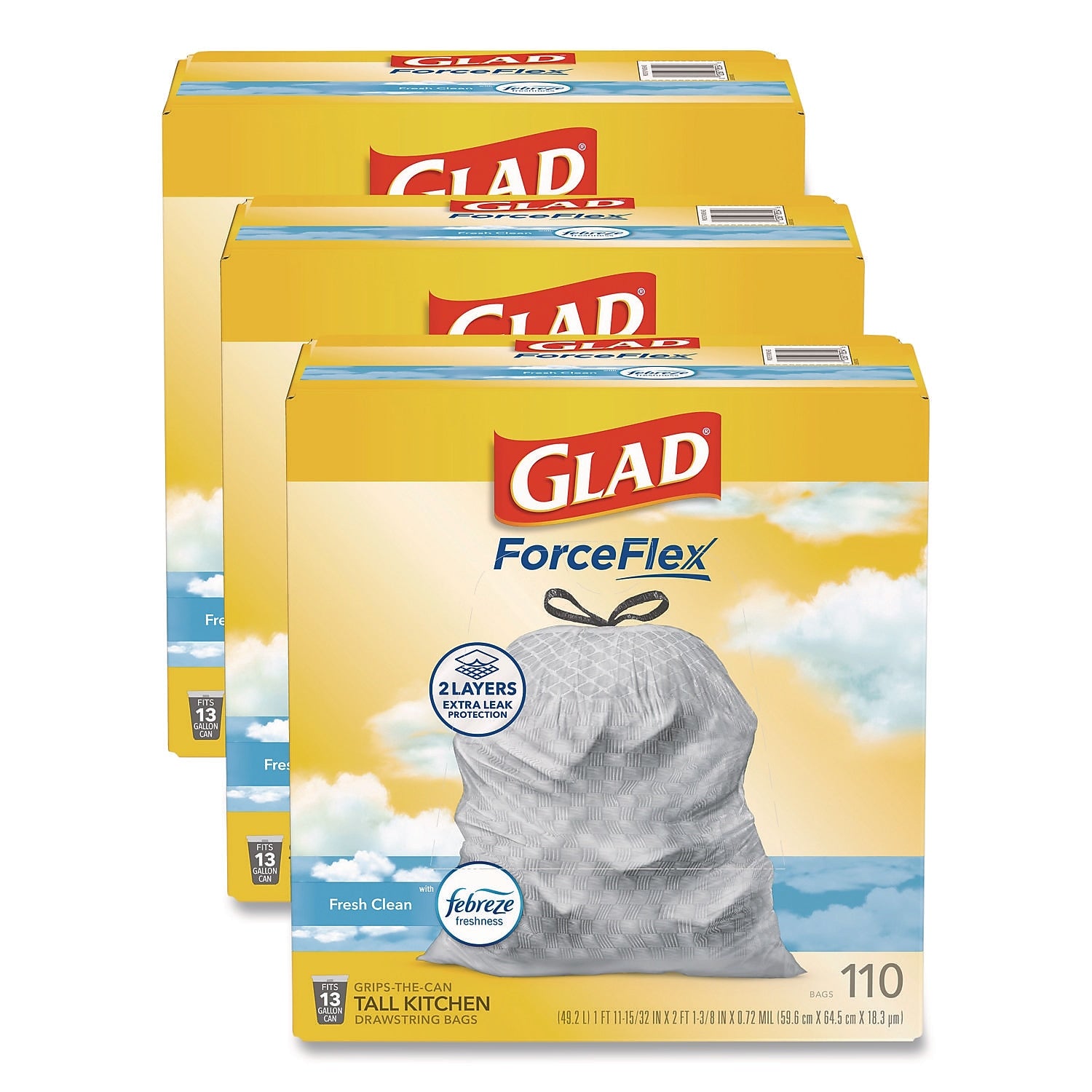 Glad ForceFlex 13 Gallon Drawstring Tall Kitchen Trash Bag, Fresh Clean Scent, Gray, 330 Total Bags (78563)