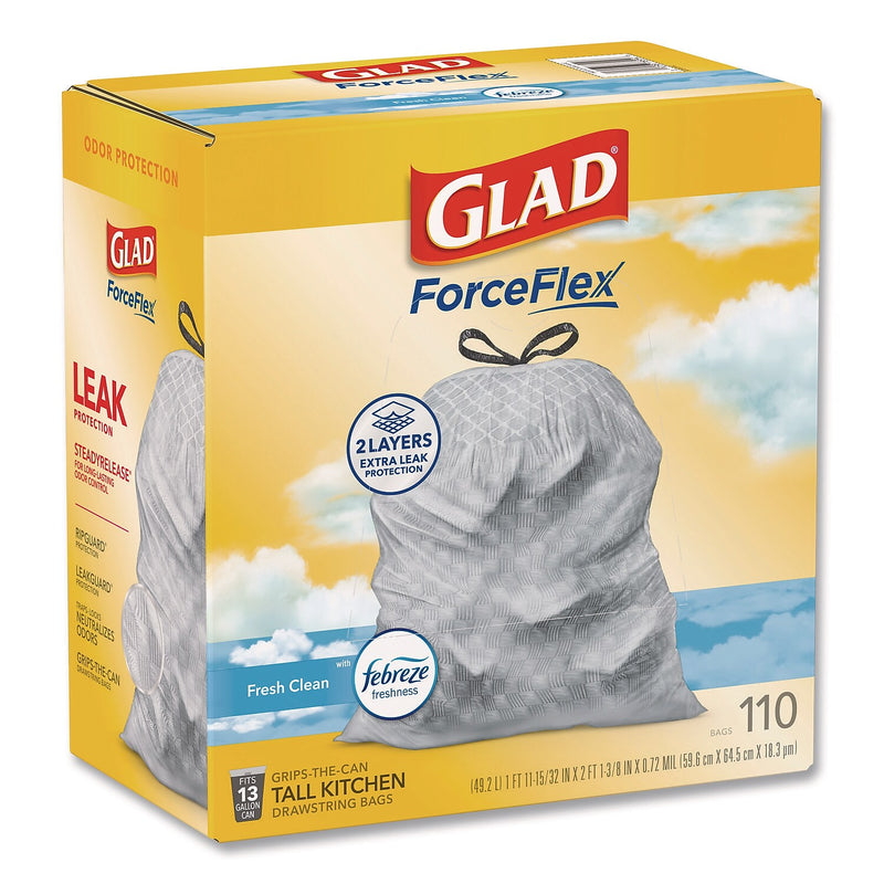 Glad ForceFlex 13 Gallon Drawstring Tall Kitchen Trash Bag, Fresh Clean Scent, Gray, 330 Total Bags (78563)