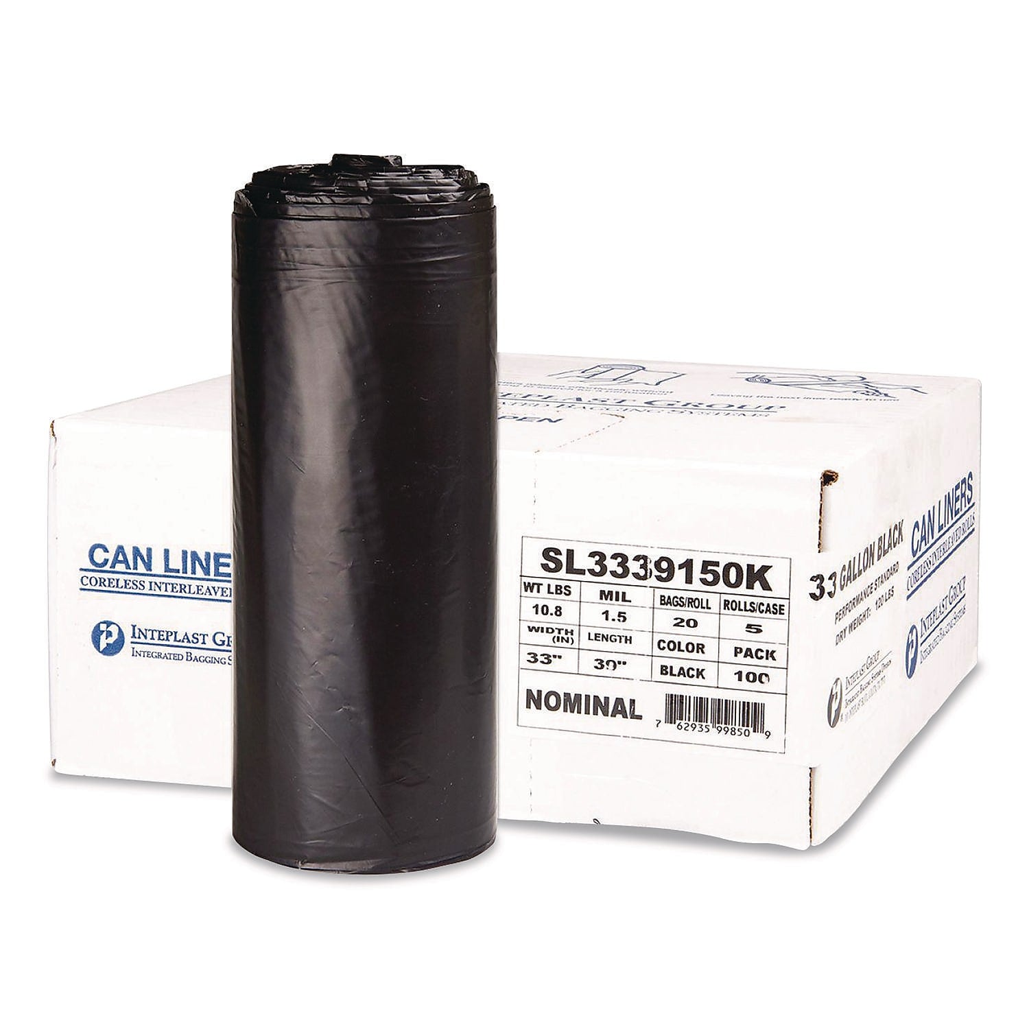 Inteplast Group 33 Gallon Trash Bag, 33" x 39", Low Density, 1.5 mil, Black, 100 Total Bags (SL3339150K)
