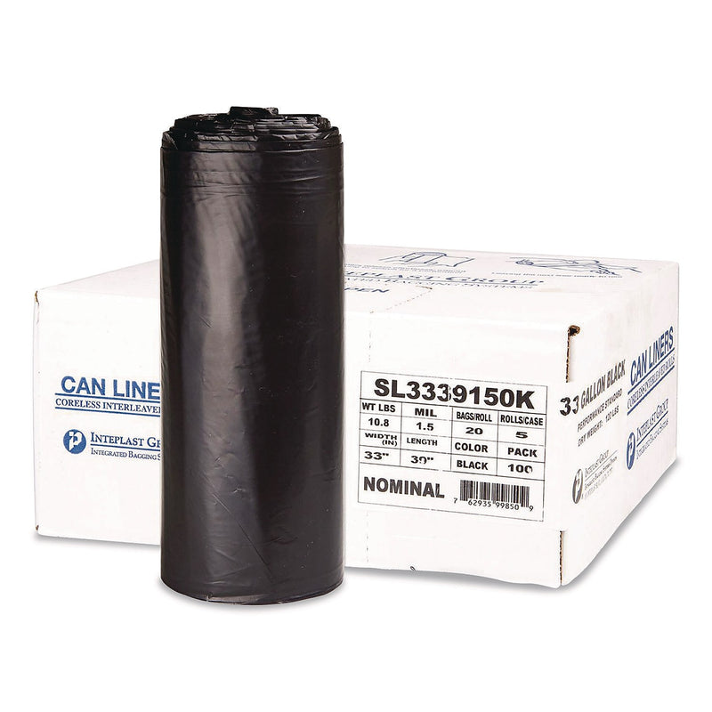 Inteplast Group 33 Gallon Trash Bag, 33" x 39", Low Density, 1.5 mil, Black, 100 Total Bags (SL3339150K)