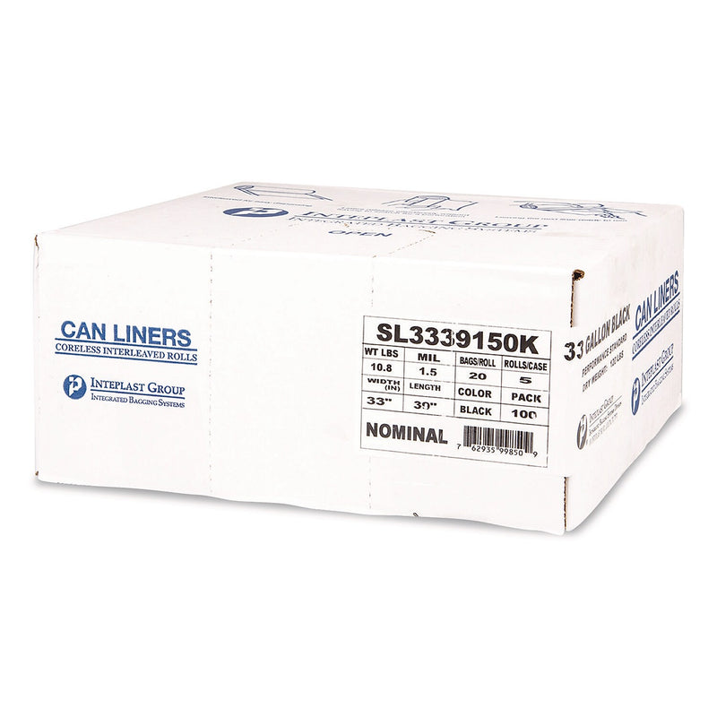 Inteplast Group 33 Gallon Trash Bag, 33" x 39", Low Density, 1.5 mil, Black, 100 Total Bags (SL3339150K)