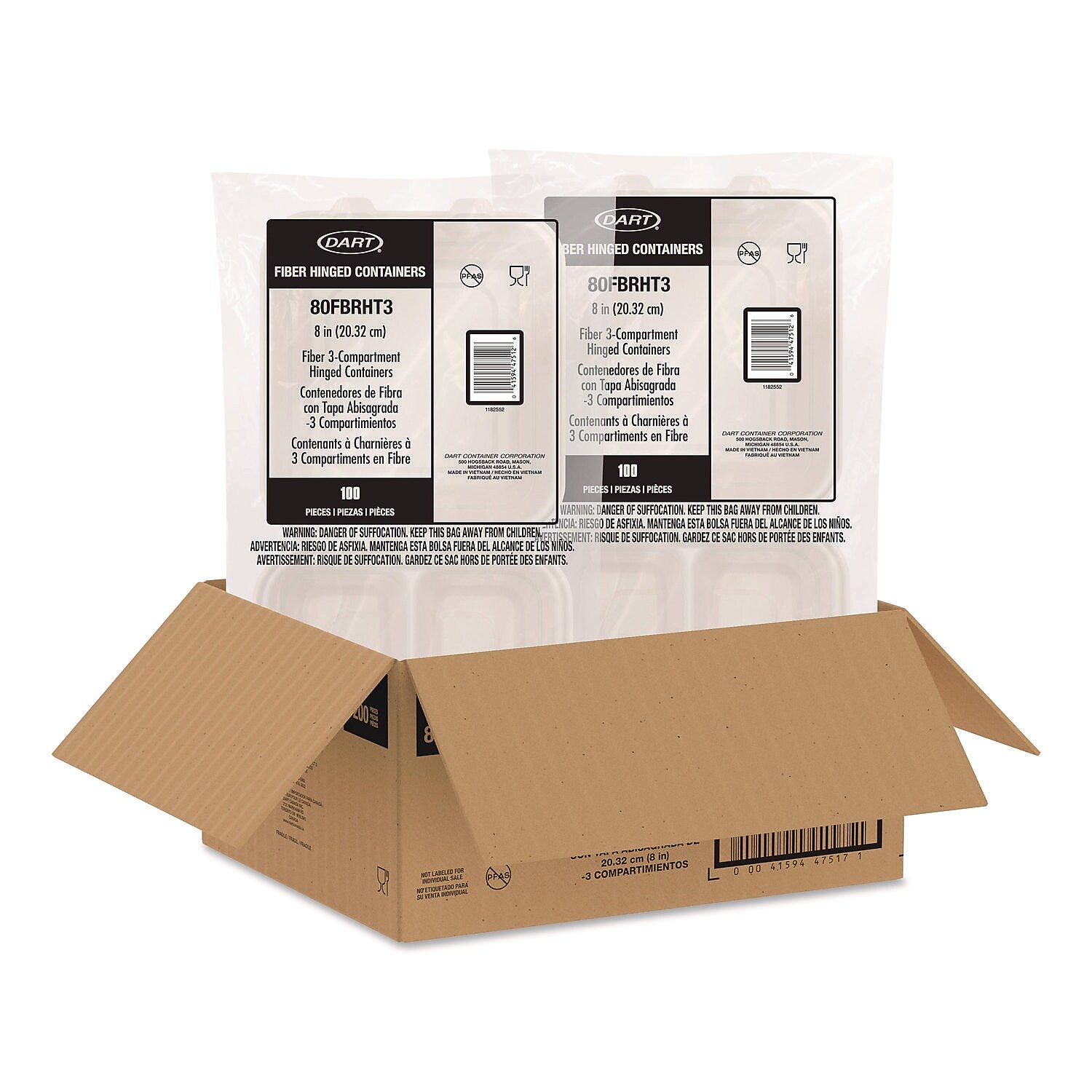 Dart ProPlanet Fiber 3-Compartment Hinged Carryout Containers, 200/Carton (80FBRHT3)