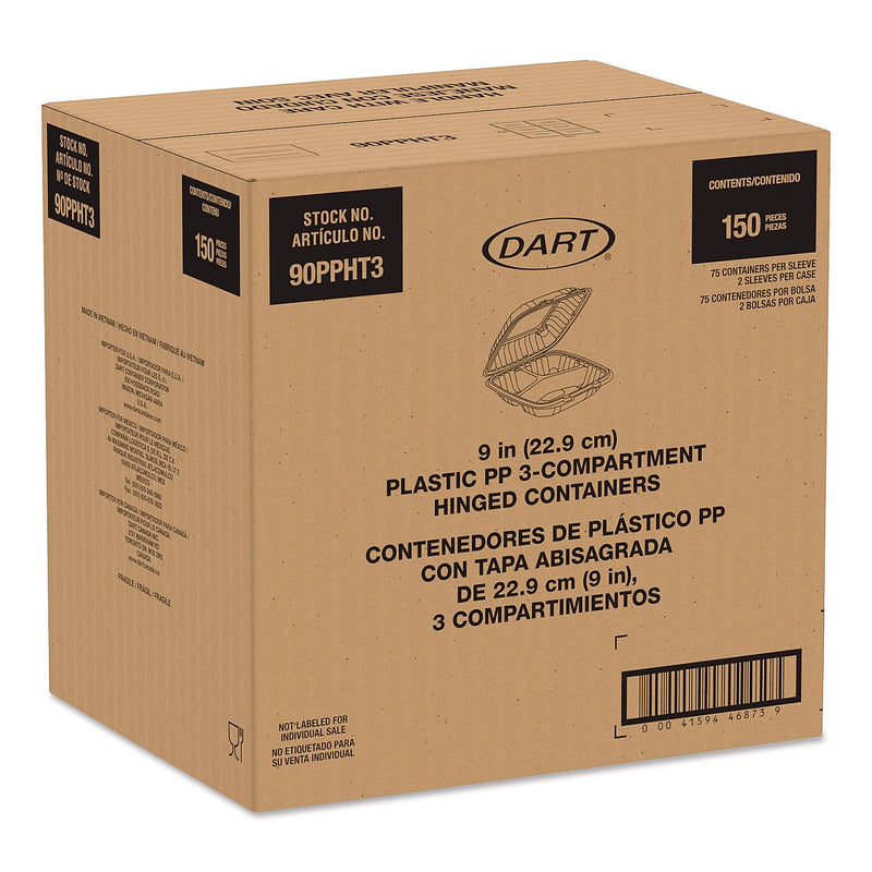 Dart ProPlanet Plastic 3-Compartment Hinged Carryout Container, Clear, 150/Carton (90PPHT3)