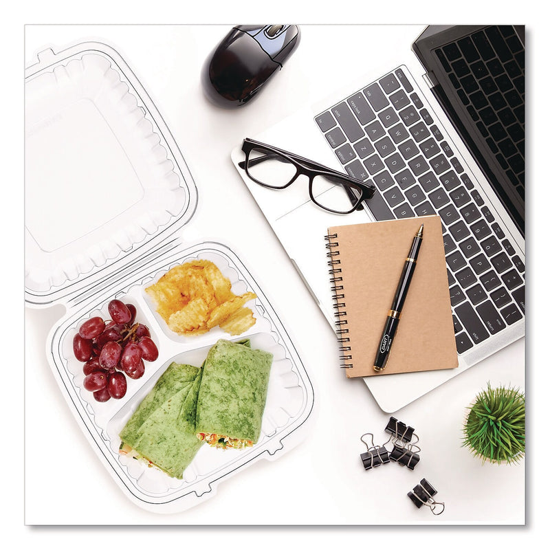 Dart ProPlanet Plastic 3-Compartment Hinged Carryout Container, Clear, 150/Carton (90PPHT3)