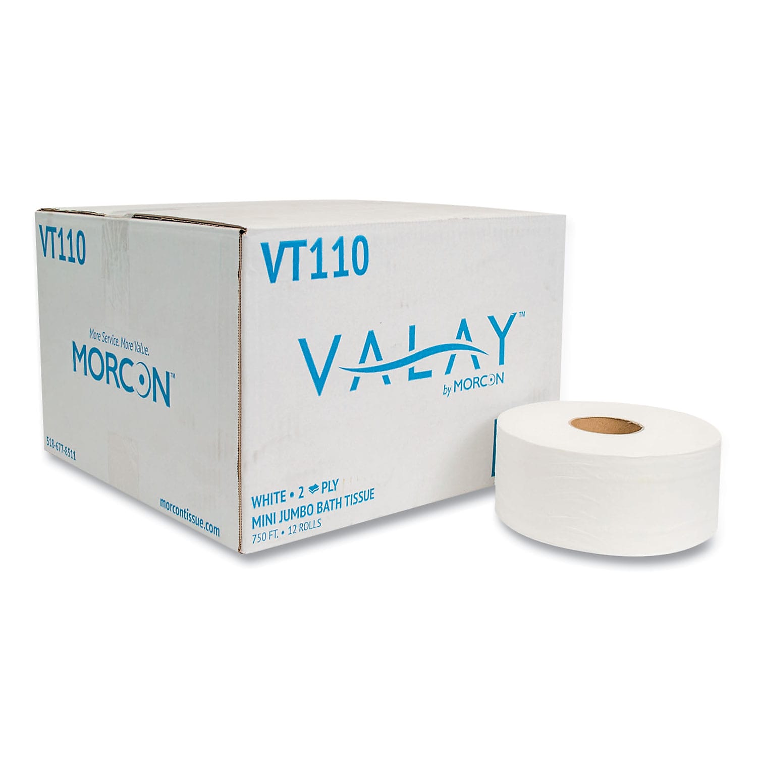 Morcon Tissue Valay Mini Jumbo Toilet Paper, 2-Ply, White, 750 ft./Roll, 12 Rolls/Carton (VT110)